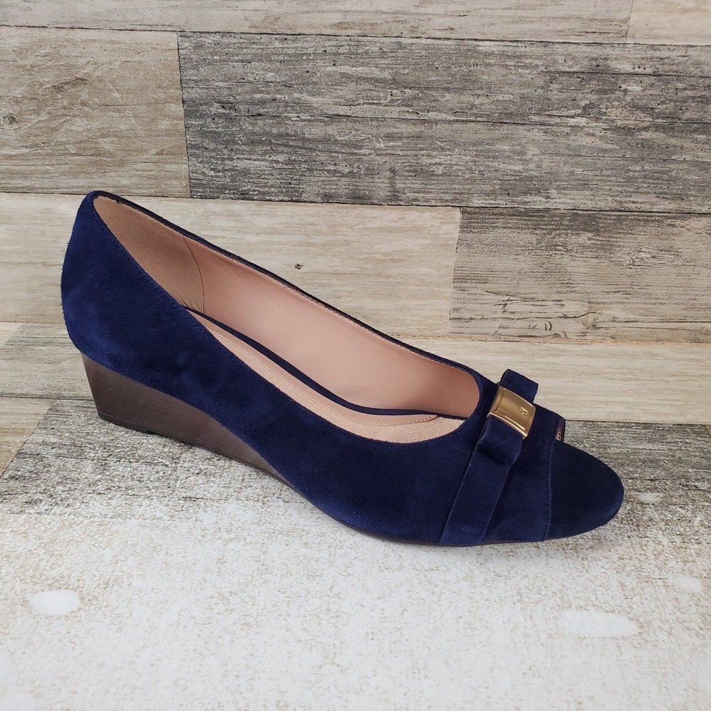 Cole Haan Go-To Malta Women Wedge Pump Sz 8.5 B Midnight Moon Suede Bow Peep Toe